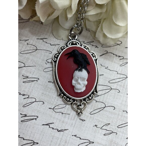 Silver Blk Red Gothic Crow Raven Rose Skull Wedding Party Jewelry necklace Cameo - Picture 2 of 13